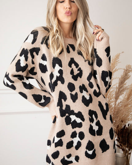 You're A Wild One Beige - Sweater Dress