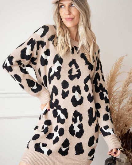 You're A Wild One Beige - Sweater Dress