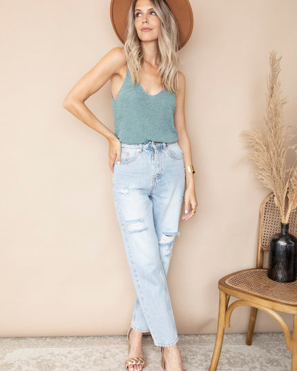 Ripped Detail Mom Light Blue - Jeans
