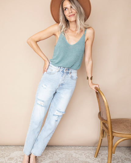 Ripped Detail Mom Light Blue - Jeans