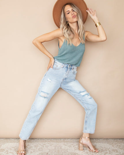 Ripped Detail Mom Light Blue - Jeans