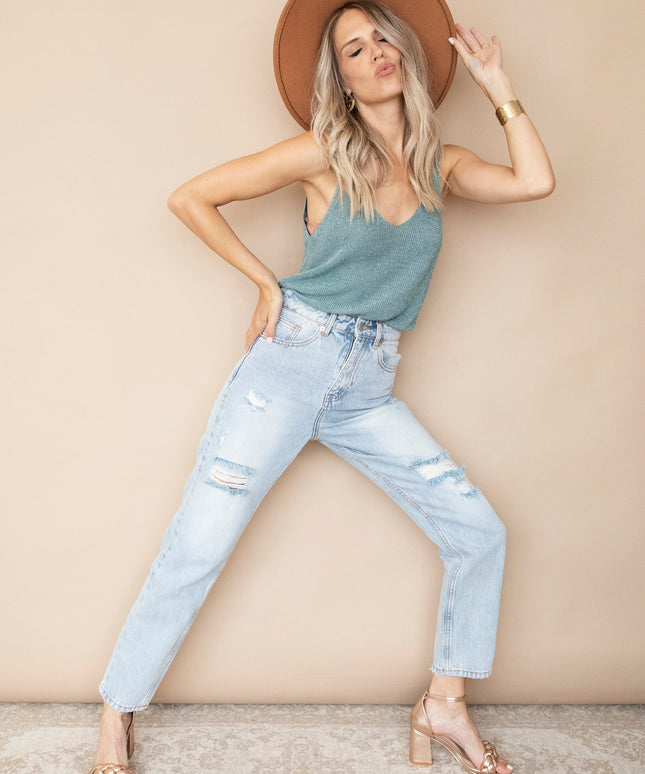 Ripped Detail Mom Light Blue - Jeans
