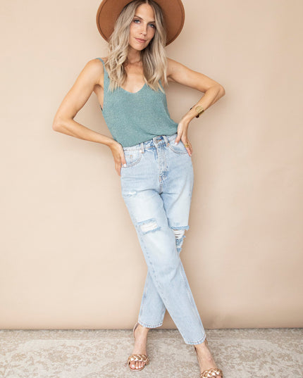 Ripped Detail Mom Light Blue - Jeans