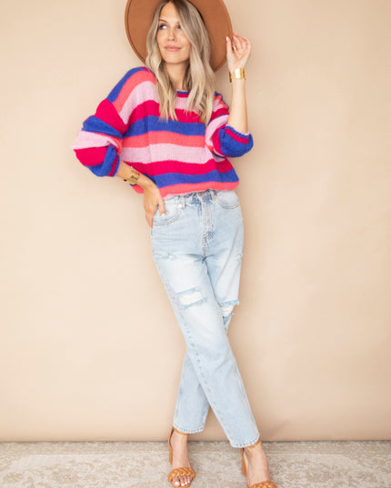 One Stripe Ahead Dark Blue/Fuchsia - Trui