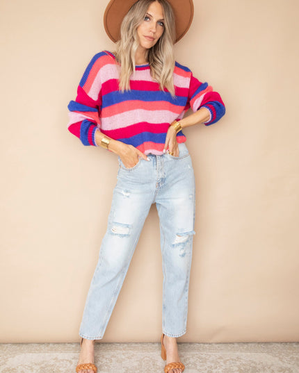 One Stripe Ahead Dark Blue/Fuchsia - Trui