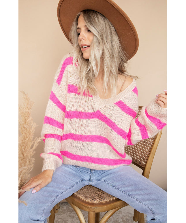More Stripes & Good Vibes Beige/Fuchsia - Trui
