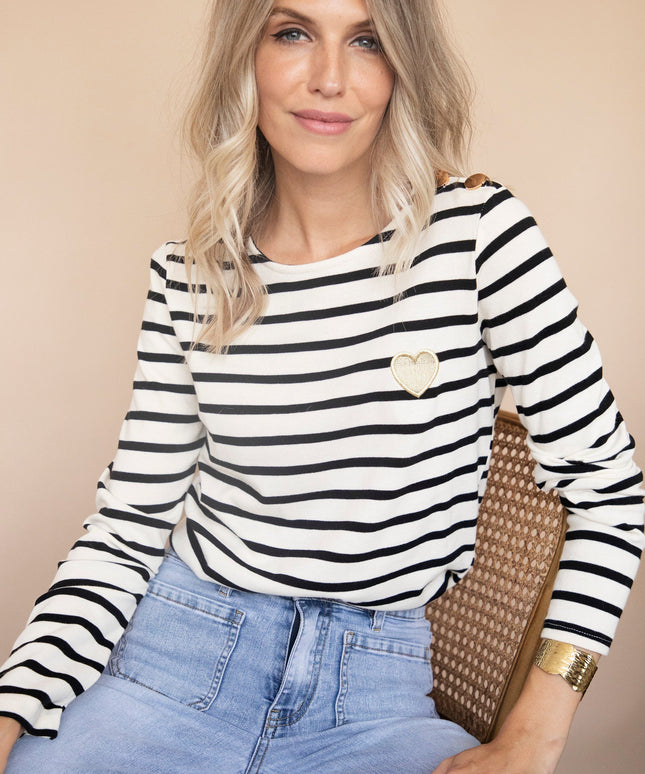 Beating Heart Stripes & Buttons Black - Longsleeve