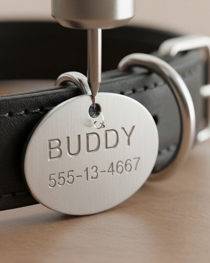 Close-up of engraved name tag
