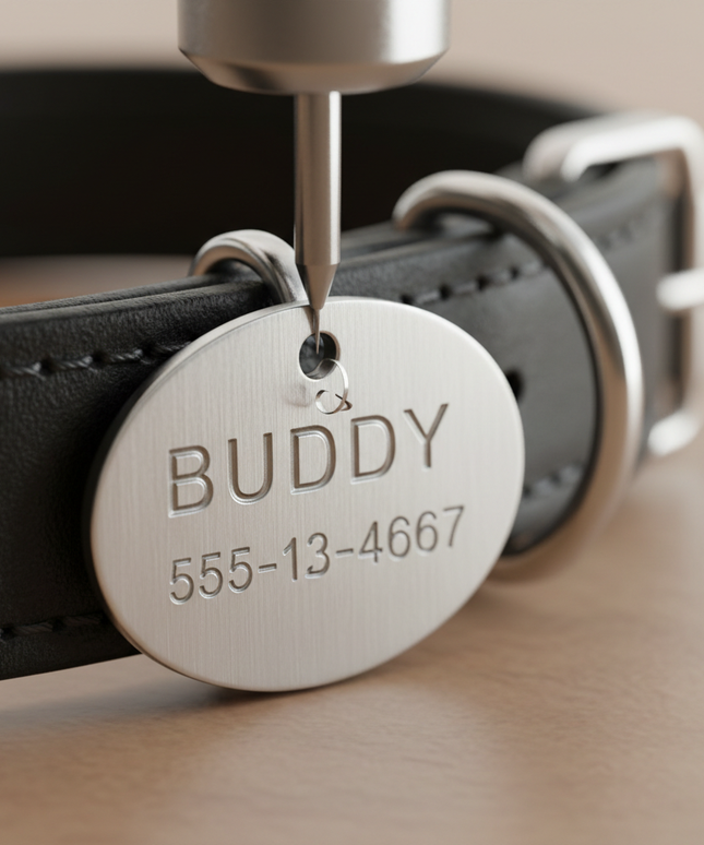 Close-up of engraved name tag