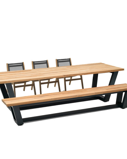 George teak tuintafel en teak tuinbank met Norden teak dining stoel