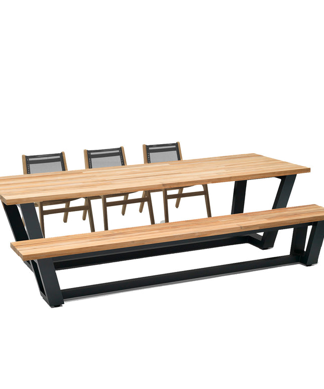 George teak tuintafel en teak tuinbank met Norden teak dining stoel