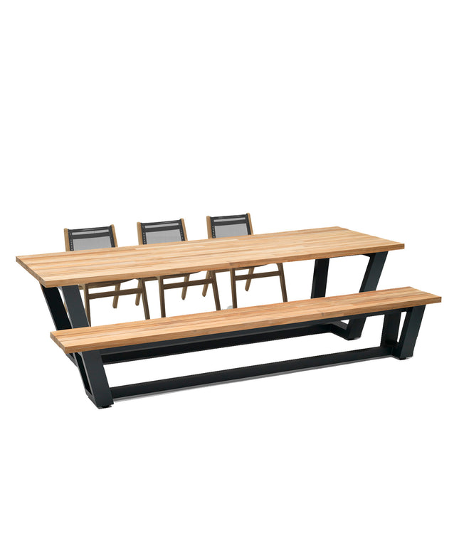 George teak tuintafel en teak tuinbank met Norden teak dining stoel